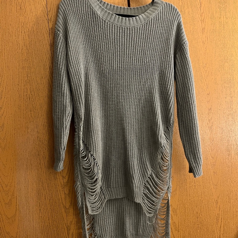 Womens Grey Distressed Knit Sweater dress with frayed detailing on back & sides